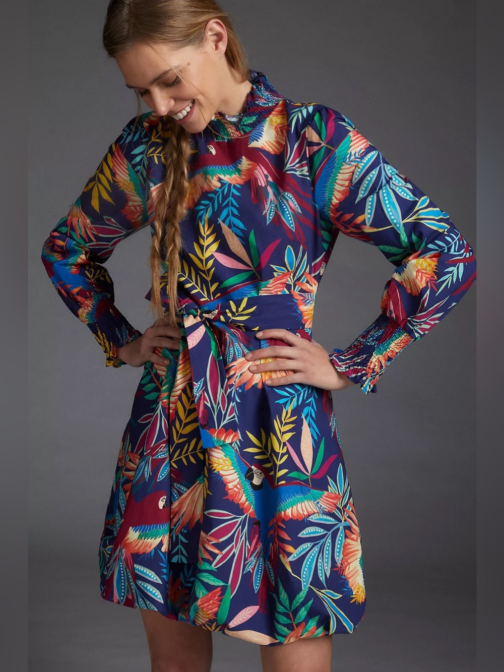 FARM Rio for Anthropologie Aves Mini Dress Tropical Parrot Print Belted Size XS